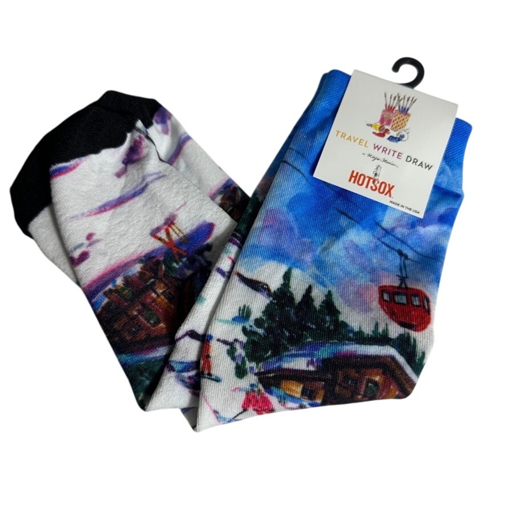 Hot Sox x Travel Write Draw St. Moritz Ski Village Crew Socks Women's Sz 9-11‎